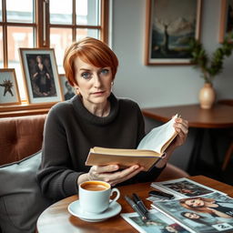 A 35-year-old Norwegian woman with short chestnut hair and expressive green eyes, deeply engaged in her passion for art and culture