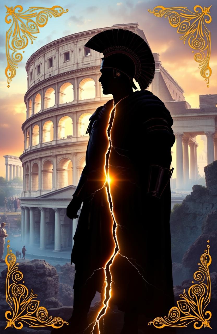 A silhouette of a person in ancient Roman armor, standing against the backdrop of a crumbling Colosseum, symbolizing the conflict of time