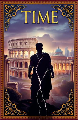A silhouette of a person in ancient Roman armor, standing against the backdrop of a crumbling Colosseum, symbolizing the conflict of time