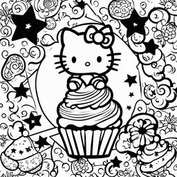 Black and white Hello Kitty themed colouring book page featuring Hello Kitty, a cupcake, a star, and a moon.