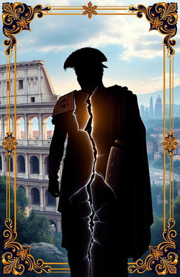 A silhouette of a person in ancient Roman armor, standing against the backdrop of a crumbling Colosseum, symbolizing the conflict of time