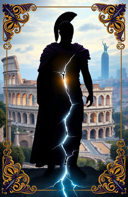 A silhouette of a person in ancient Roman armor, standing against the backdrop of a crumbling Colosseum, symbolizing the conflict of time