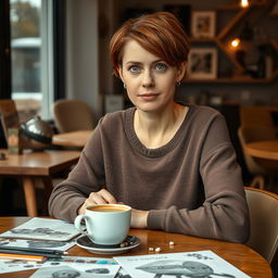 A 32-year-old Norwegian woman with short chestnut hair and expressive green eyes, passionately engaged in art and culture while sitting in a cozy café
