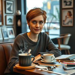 A 32-year-old Norwegian woman with short chestnut hair and expressive green eyes, passionately engaged in art and culture while sitting in a cozy café