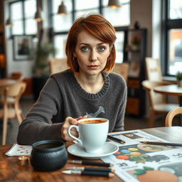 A 32-year-old Norwegian woman with short chestnut hair and expressive green eyes, passionately engaged in art and culture while sitting in a cozy café