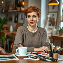 A 32-year-old Norwegian woman with short chestnut hair and expressive green eyes, passionately engaged in art and culture while sitting in a cozy café