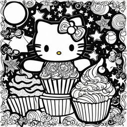 Black and white Hello Kitty themed colouring book page featuring Hello Kitty, a cupcake, a star, and a moon.