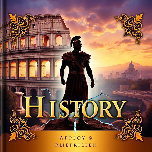 A cover design featuring a central element of a silhouette of a person in ancient Roman armor, standing against the backdrop of a crumbling Colosseum, symbolizing the conflict of time