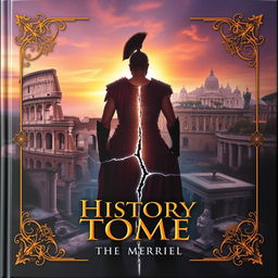 A cover design featuring a central element of a silhouette of a person in ancient Roman armor, standing against the backdrop of a crumbling Colosseum, symbolizing the conflict of time