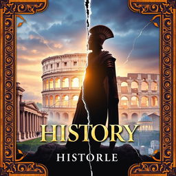 A cover design featuring a central element of a silhouette of a person in ancient Roman armor, standing against the backdrop of a crumbling Colosseum, symbolizing the conflict of time