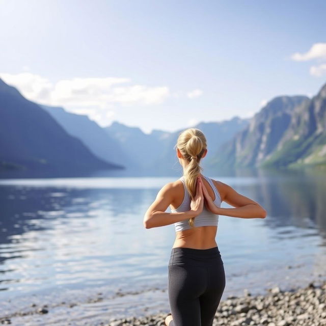 A young Norwegian woman practicing yoga on the shore of a serene fjord