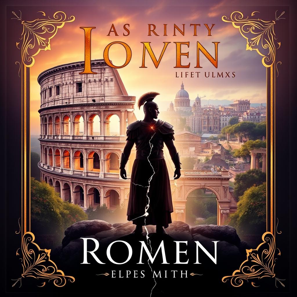 A cover design featuring a silhouette of a person in ancient Roman armor, standing against the backdrop of a crumbling Colosseum, symbolizing the conflict of time