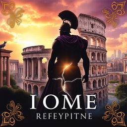 A cover design featuring a silhouette of a person in ancient Roman armor, standing against the backdrop of a crumbling Colosseum, symbolizing the conflict of time