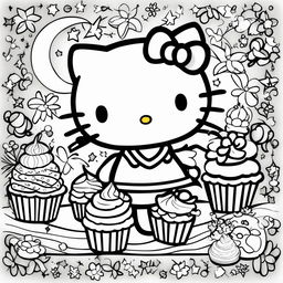 Black and white Hello Kitty themed colouring book page featuring Hello Kitty, a cupcake, a star, and a moon.