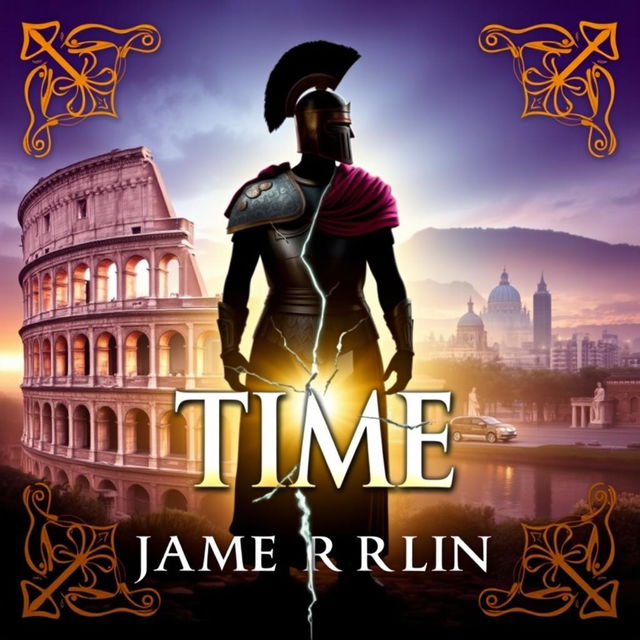 A cover design featuring a silhouette of a person in ancient Roman armor, standing against the backdrop of a crumbling Colosseum, symbolizing the conflict of time