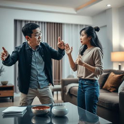 A dramatic scene capturing a Chinese couple in the midst of a fierce argument