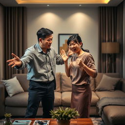 A dramatic scene capturing a Chinese couple in the midst of a fierce argument