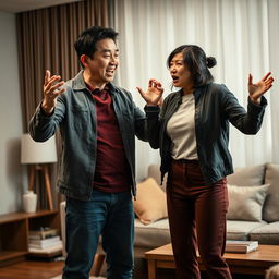 A dramatic scene capturing a Chinese couple in the midst of a fierce argument