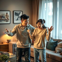 A dramatic scene capturing a Chinese couple in the midst of a fierce argument