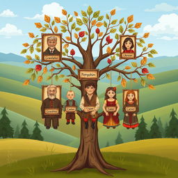 A family tree illustration featuring a Cossack theme