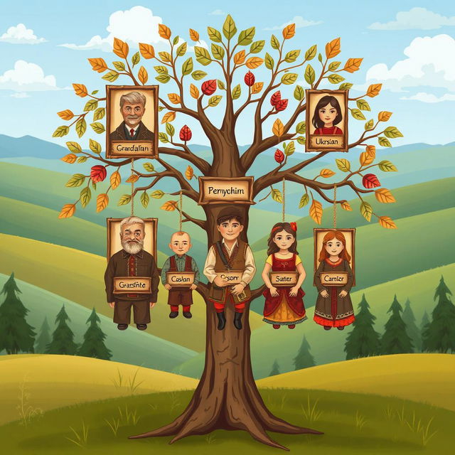 A family tree illustration featuring a Cossack theme