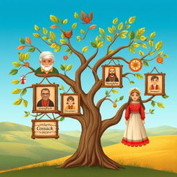 A family tree illustration featuring a Cossack theme