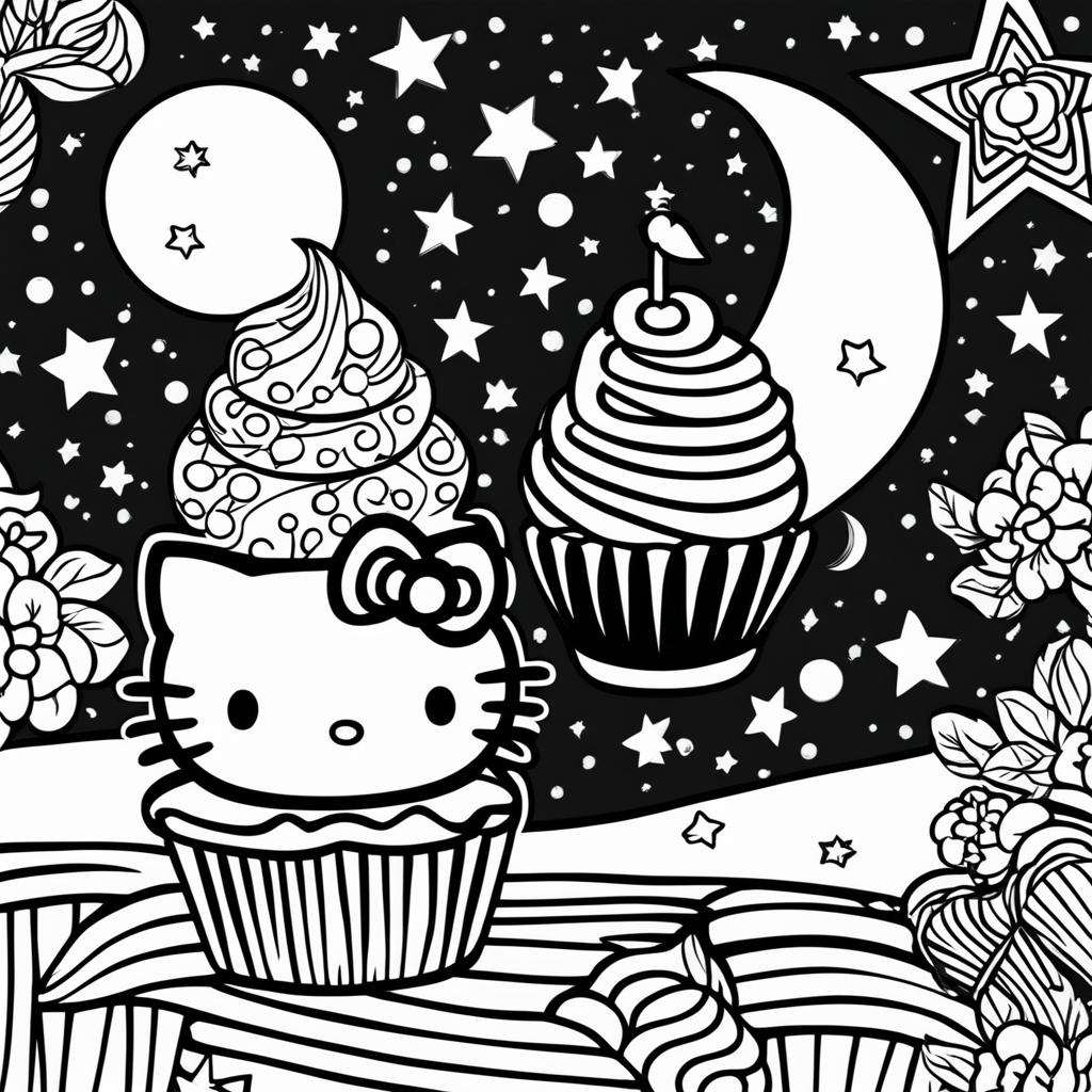 Black and white Hello Kitty themed colouring book page featuring Hello Kitty, a cupcake, a star, and a moon.