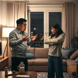 A dramatic scene depicting a Chinese couple engaged in a fierce argument at night