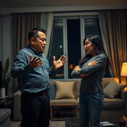 A dramatic scene depicting a Chinese couple engaged in a fierce argument at night