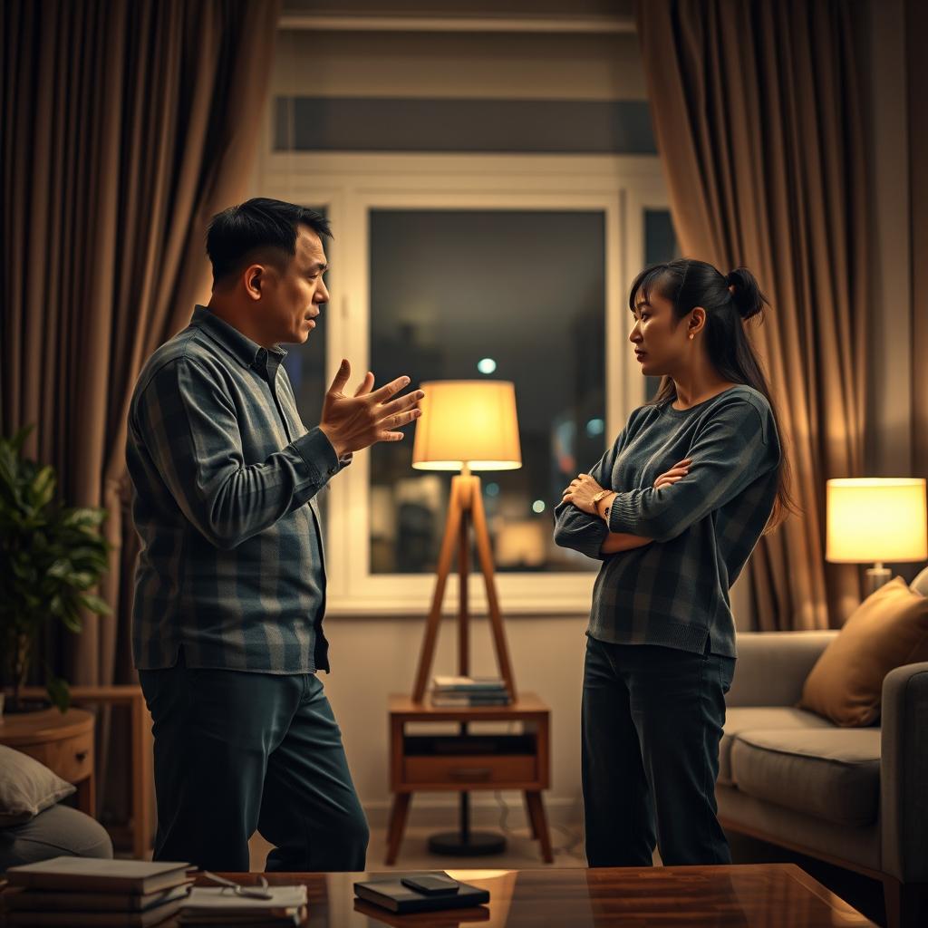 A dramatic scene depicting a Chinese couple engaged in a fierce argument at night