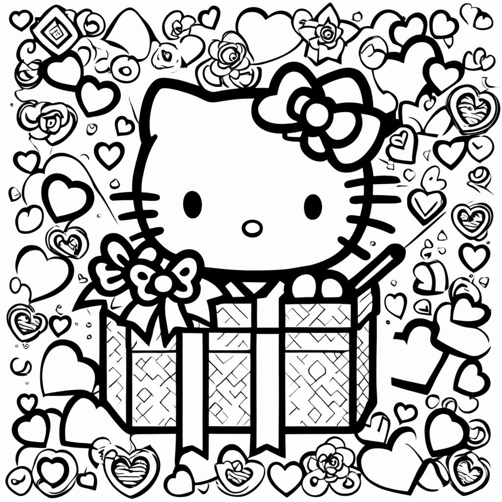 Black and white Hello Kitty themed colouring book page featuring Hello Kitty, a gift box, a heart, and a bow.