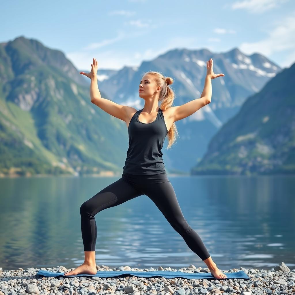 A young Norwegian woman practicing yoga on the shore of a picturesque fjord