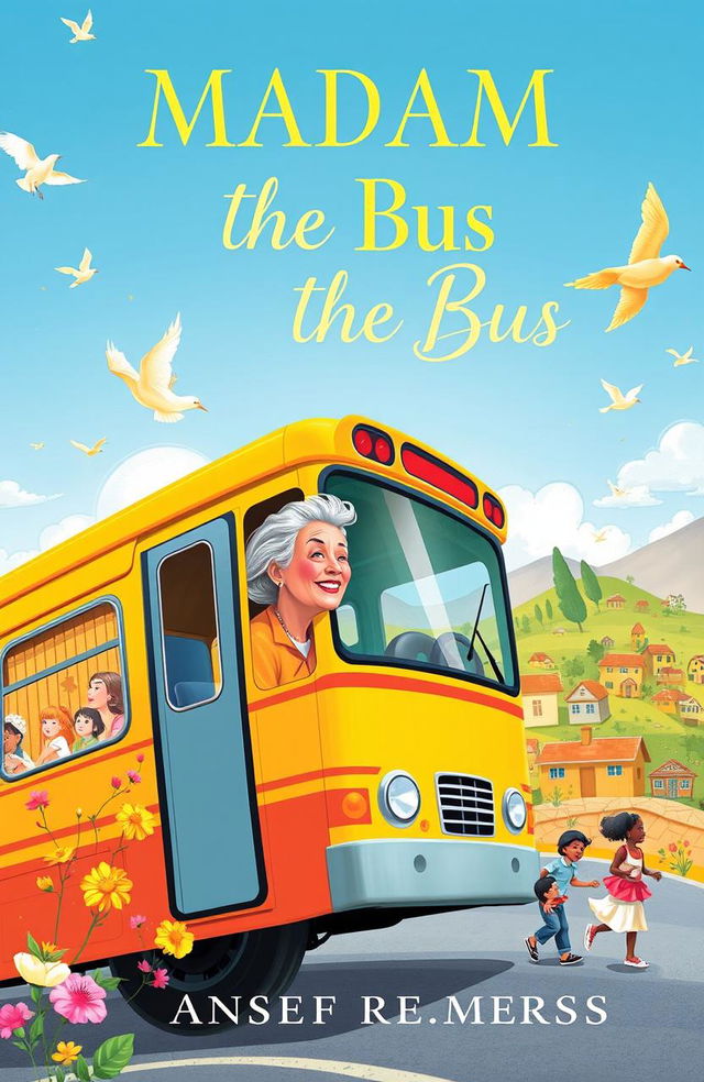 A striking book cover for 'Madam Rides the Bus' featuring a vibrant bus in motion against a backdrop of a small, colorful village