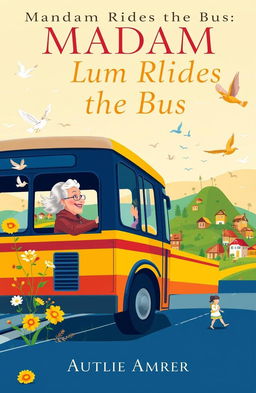 A striking book cover for 'Madam Rides the Bus' featuring a vibrant bus in motion against a backdrop of a small, colorful village