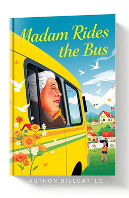 A striking book cover for 'Madam Rides the Bus' featuring a vibrant bus in motion against a backdrop of a small, colorful village