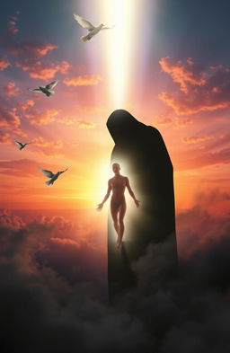 A surreal and emotional scene depicting a moment of transition between life and rebirth
