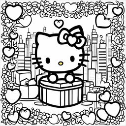 Black and white Hello Kitty themed colouring book page featuring Hello Kitty, a gift box, a heart, and a bow.