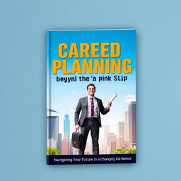 A visually striking book cover for 'Career Planning Beyond the Pink Slip', featuring an ambitious person standing confidently amidst a vibrant cityscape