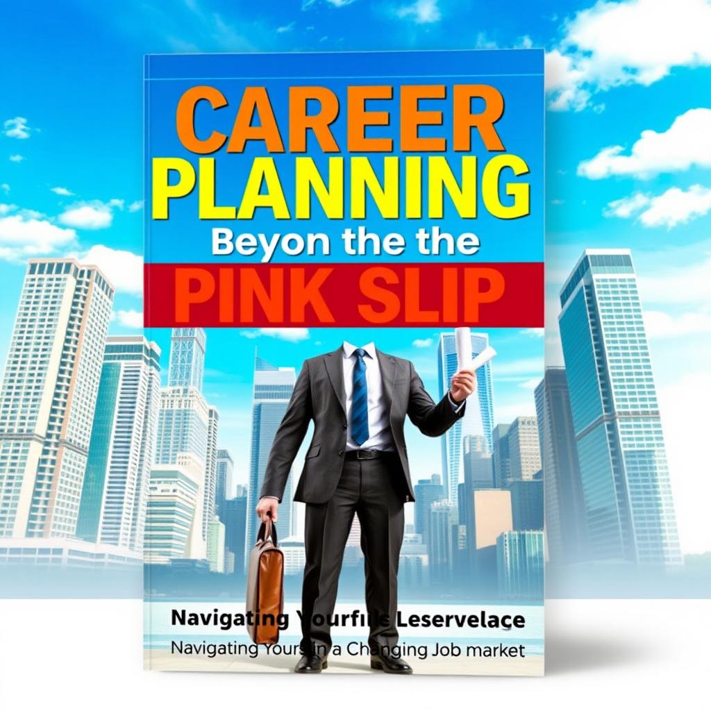 A visually striking book cover for 'Career Planning Beyond the Pink Slip', featuring an ambitious person standing confidently amidst a vibrant cityscape