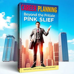 A visually striking book cover for 'Career Planning Beyond the Pink Slip', featuring an ambitious person standing confidently amidst a vibrant cityscape