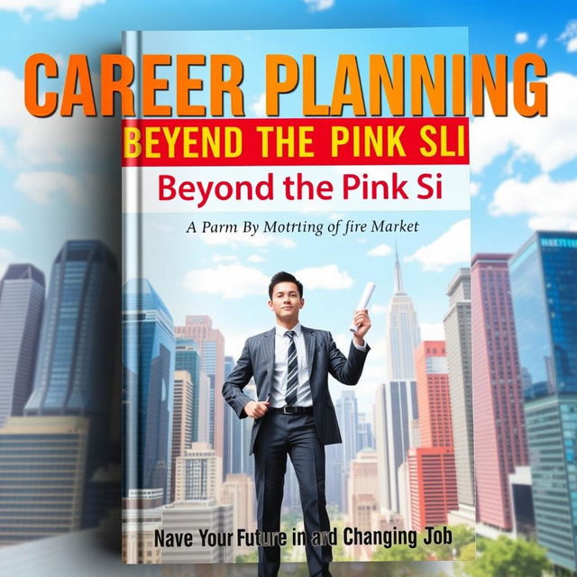 A visually striking book cover for 'Career Planning Beyond the Pink Slip', featuring an ambitious person standing confidently amidst a vibrant cityscape