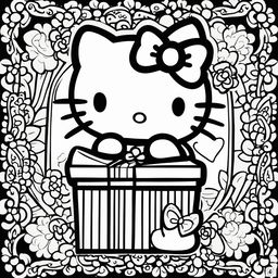 Black and white Hello Kitty themed colouring book page featuring Hello Kitty, a gift box, a heart, and a bow.