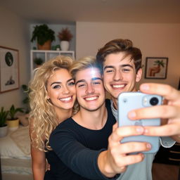 A young blonde woman with curly hair and a young man taking a selfie together in front of a mirror