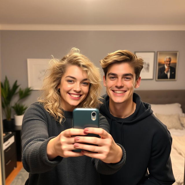 A young blonde woman with curly hair and a young man taking a selfie together in front of a mirror