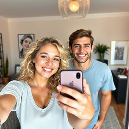 A young blonde woman with curly hair and a young man taking a selfie together in front of a mirror