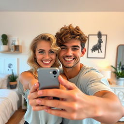 A young blonde woman with curly hair and a young man taking a selfie together in front of a mirror