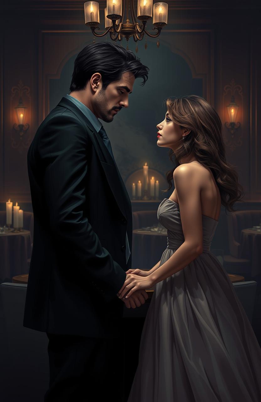 A dark romantic scene depicting a love story between a brooding mafia-type male character and a soft, gentle female character