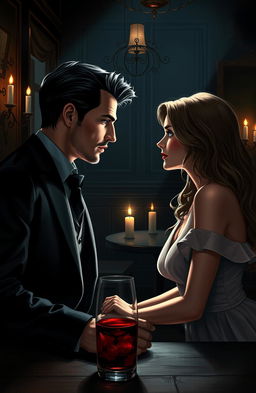 A dark romantic scene depicting a love story between a brooding mafia-type male character and a soft, gentle female character