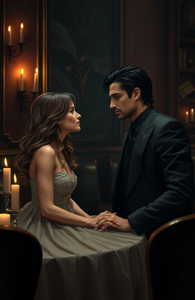 A dark romantic scene depicting a love story between a brooding mafia-type male character and a soft, gentle female character