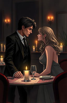 A dark romantic scene depicting a love story between a brooding mafia-type male character and a soft, gentle female character